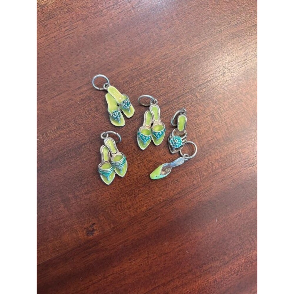 Vintage Miniature Shoe Charms Lot 5 Green Enamel Silver Tone High Heels Sandals
